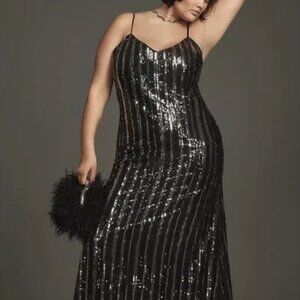 Anthropologie Maeve Black, Navy and Silver Sequin Gown, Size 1x